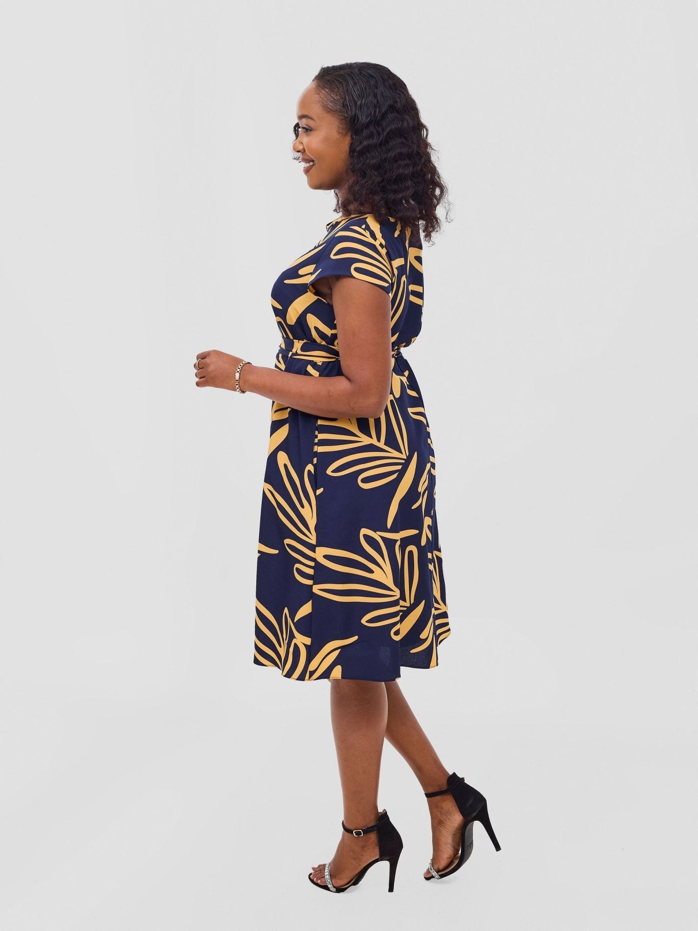 Vivo Basic Cap Sleeve Knee Length Dress - Dark Navy / Mustard Print - Shopzetu