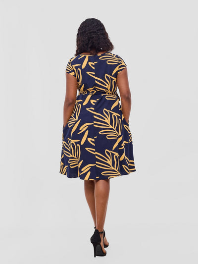 Vivo Basic Cap Sleeve Knee Length Dress - Dark Navy / Mustard Print - Shopzetu