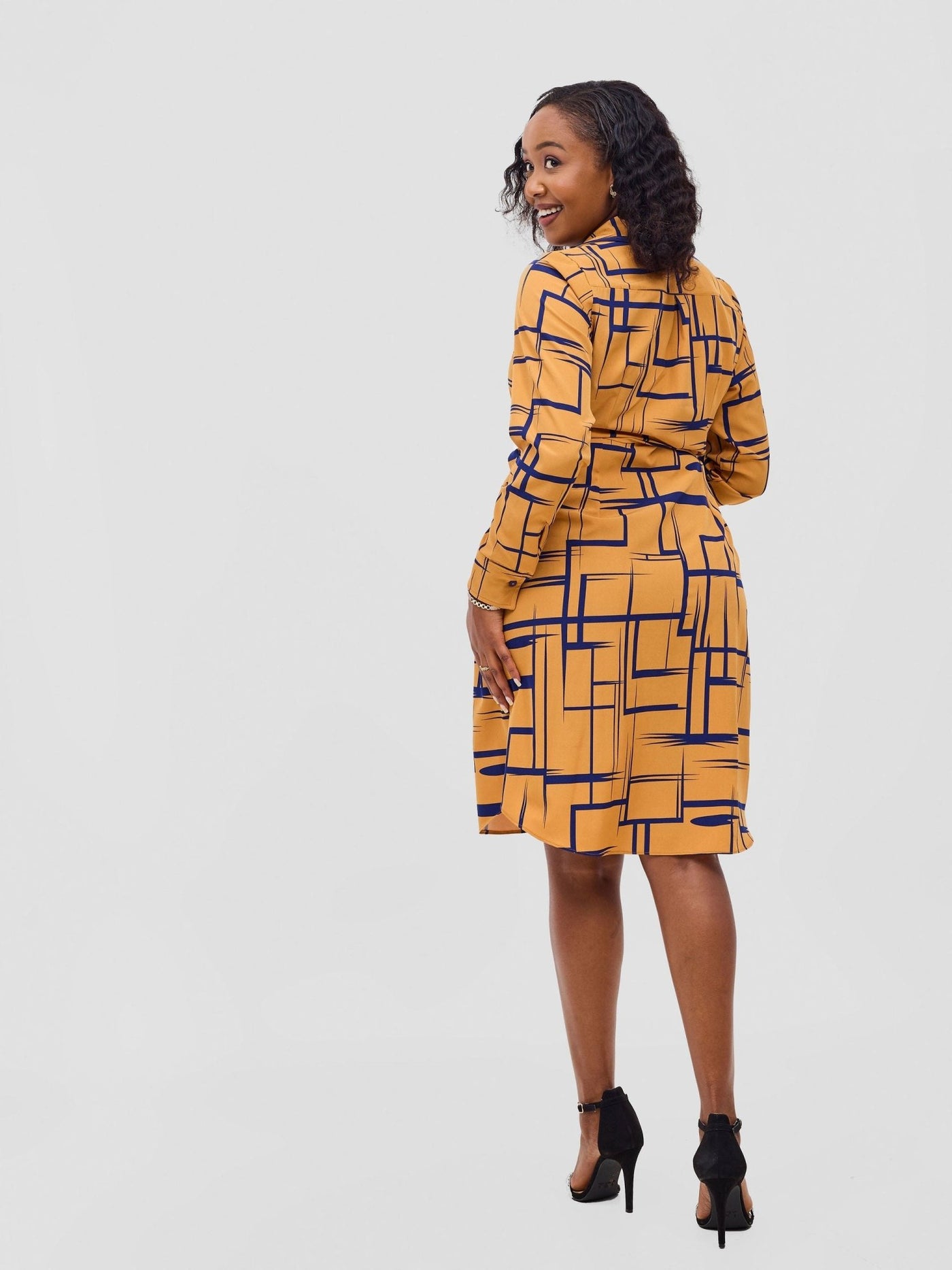 Vivo Basic Knee Length Shirt Dress - Rust / Navy Print - Shopzetu