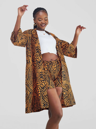 African Yuva Amelia African Print Short Kimono Set - Mustard Print - Shopzetu