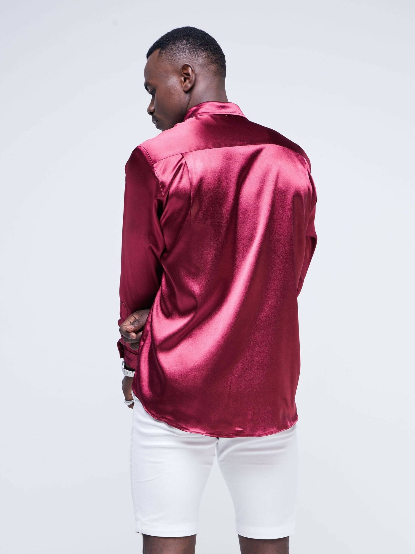 Satin Revolution Long Sleeved Men's Button Up Shirt - Maroon - Shopzetu