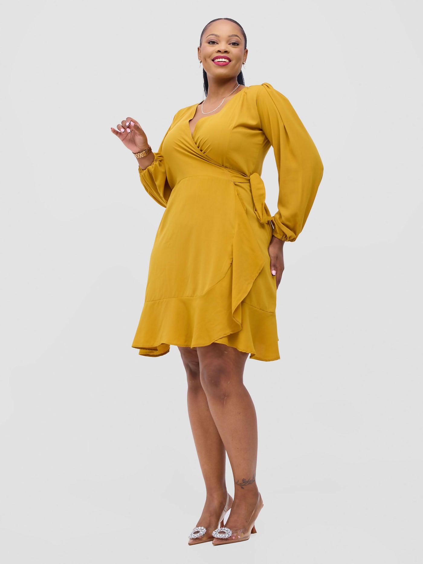 Knee Wrap Dress - Mustard - Shopzetu