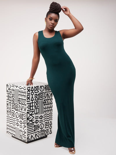 Vivo Basic Straight Maxi Dress - Dark Green - Shopzetu