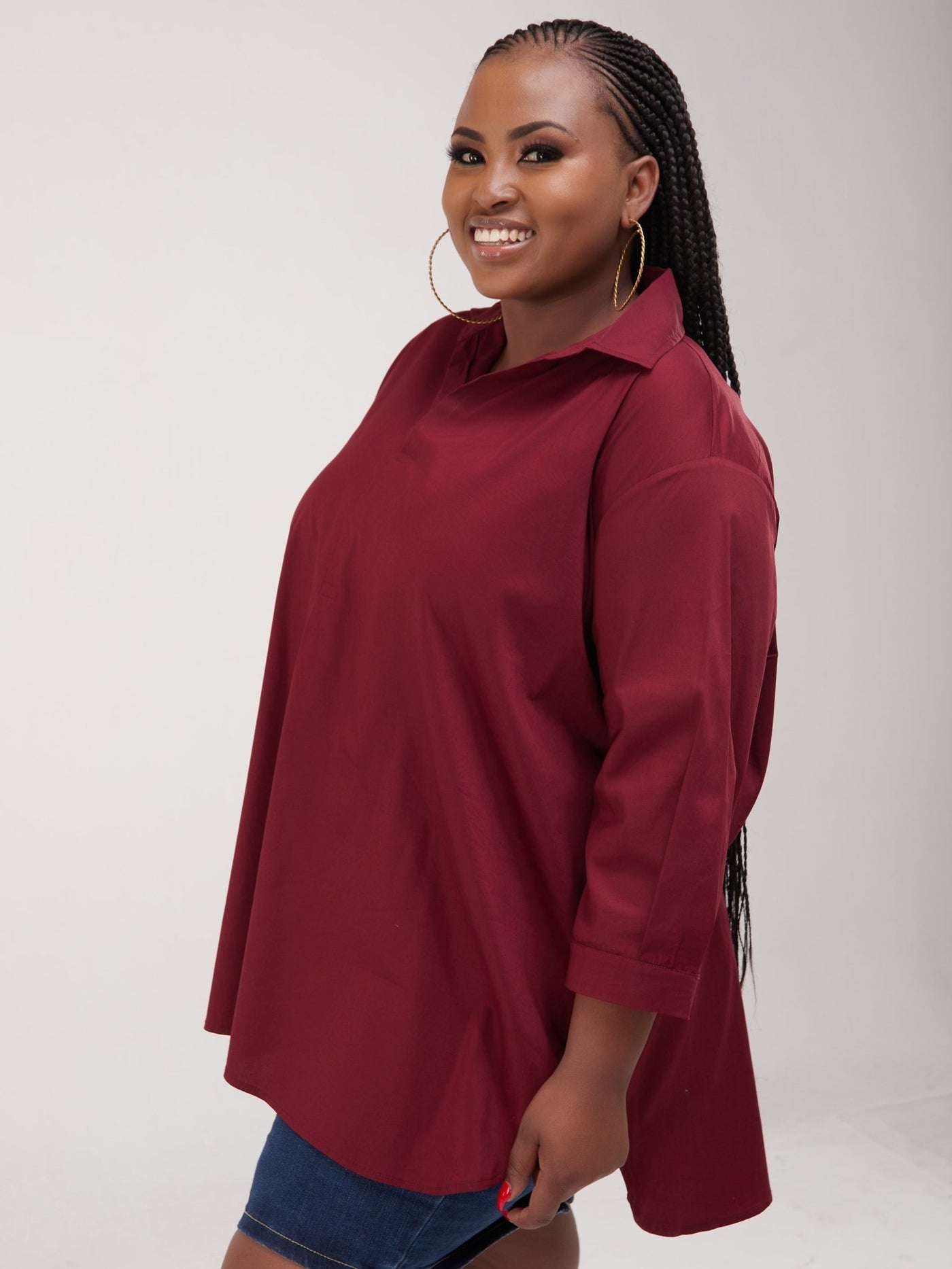 Safari Huru 3/4 Sleeved Loose Top - Maroon - Shopzetu