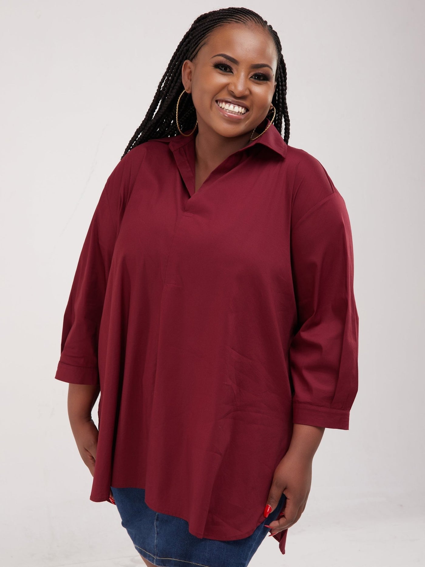 Safari Huru 3/4 Sleeved Loose Top - Maroon - Shopzetu