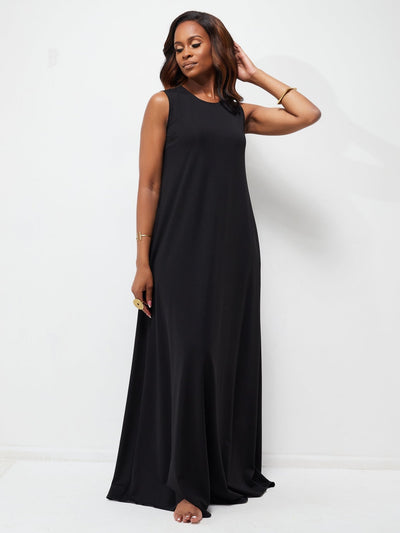 Vivo Ponte Back Pleat Maxi Dress - Black - Shopzetu