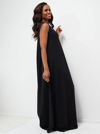 Vivo Ponte Back Pleat Maxi Dress - Black - Shopzetu