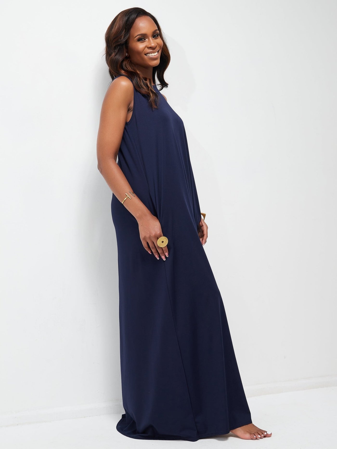 Vivo Ponte Back Pleat Maxi Dress - Navy Blue - Shopzetu