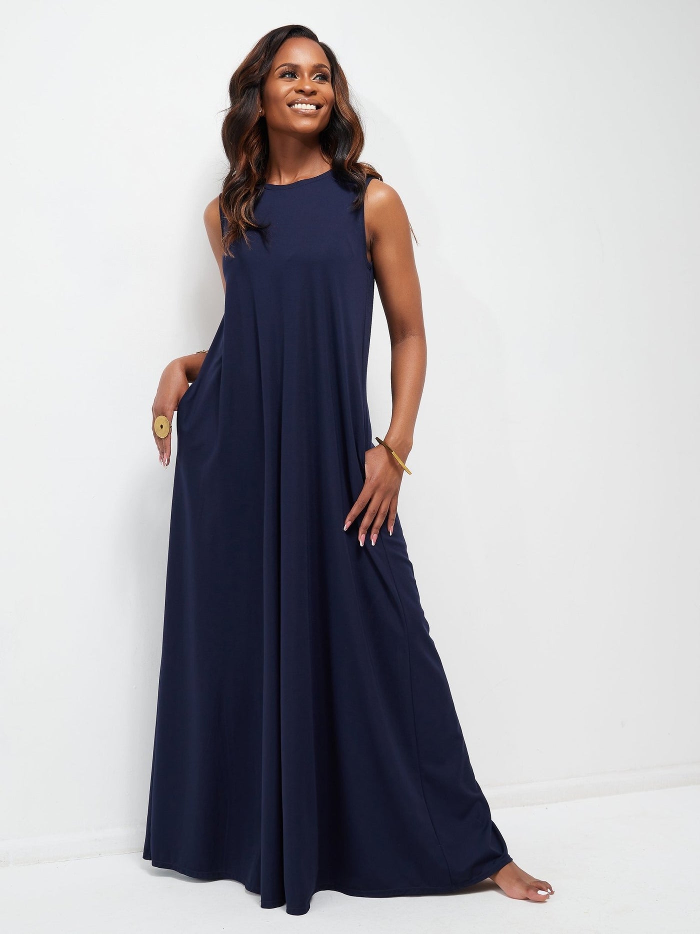 Vivo Ponte Back Pleat Maxi Dress - Navy Blue - Shopzetu