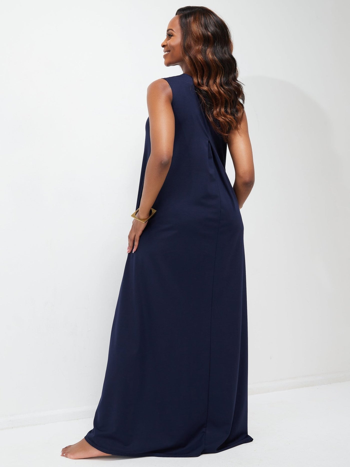 Vivo Ponte Back Pleat Maxi Dress - Navy Blue - Shopzetu