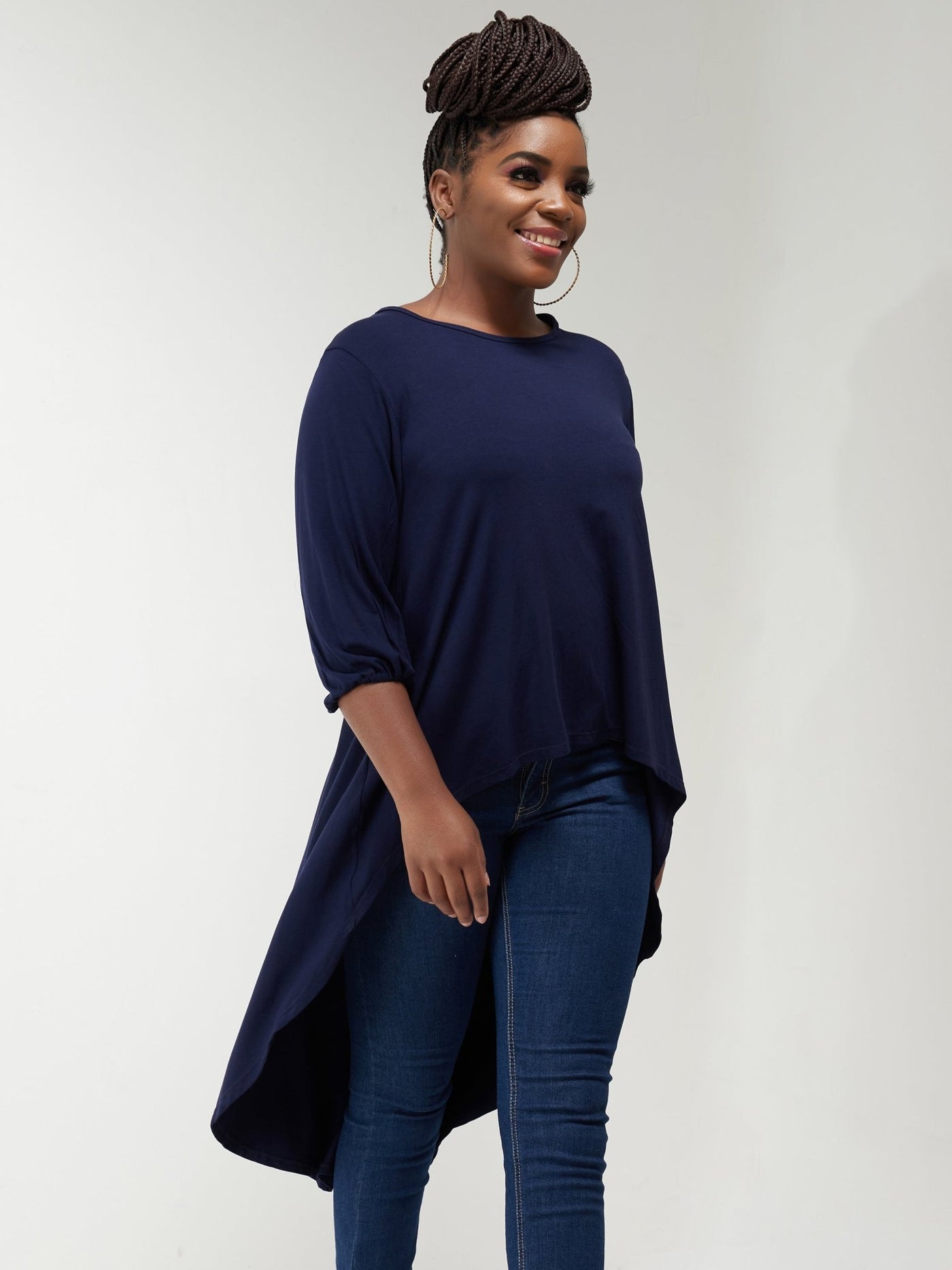 Vivo Basic Nalia High Low Jersey Top - Navy Blue - Shopzetu