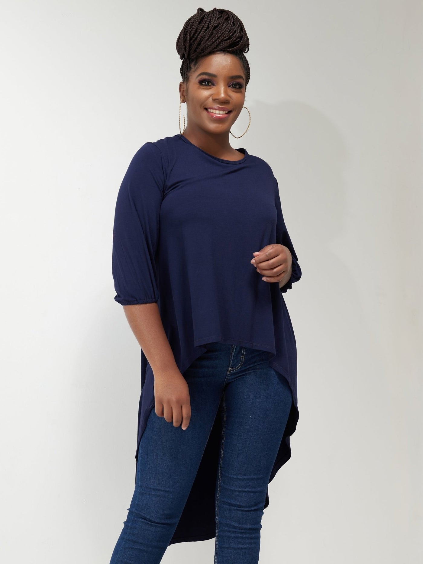 Vivo Basic Nalia High Low Jersey Top - Navy Blue - Shopzetu