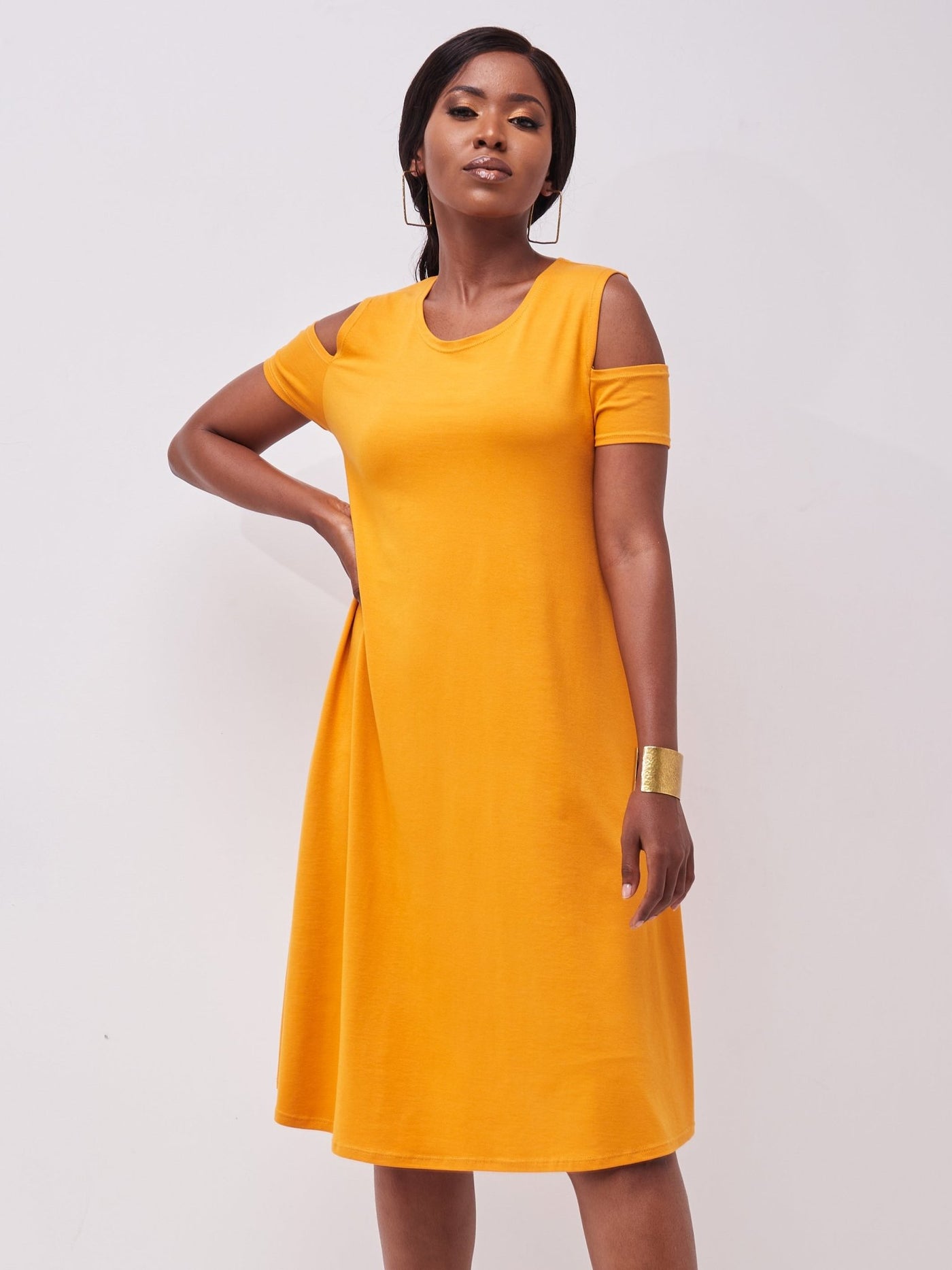 Vivo Lamu Knee Length Cold Shoulder Dress - Mustard - Shopzetu