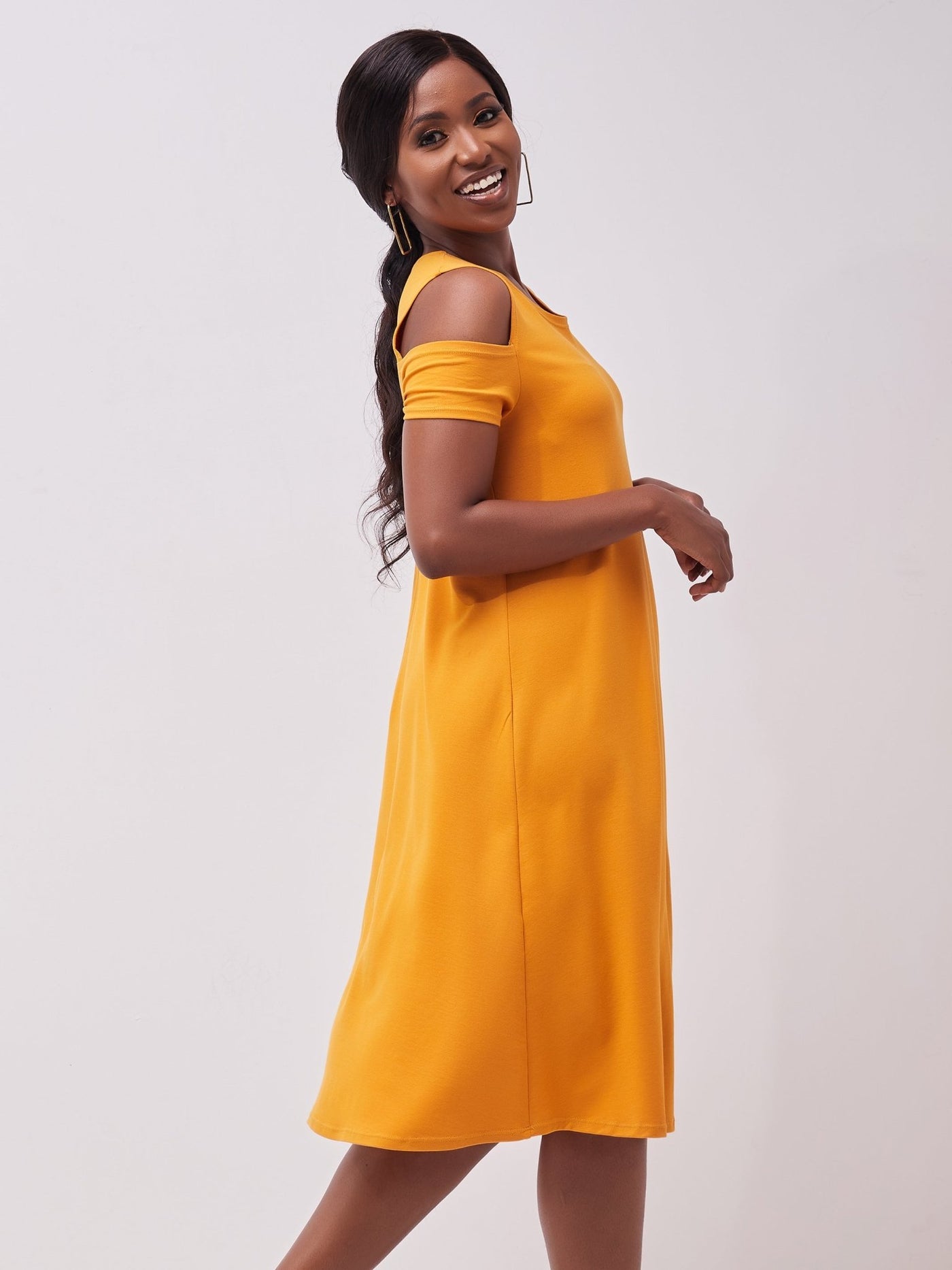 Vivo Lamu Knee Length Cold Shoulder Dress - Mustard - Shopzetu