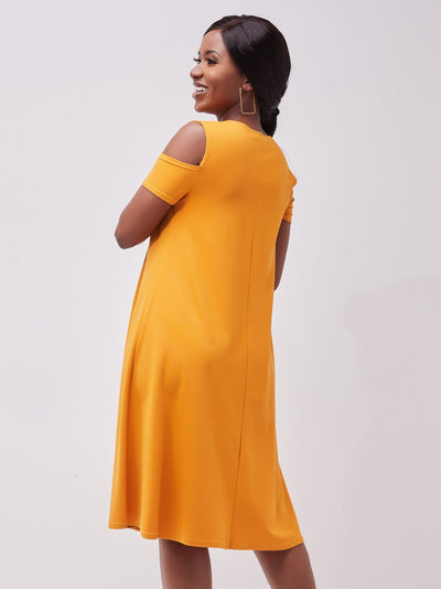 Vivo Lamu Knee Length Cold Shoulder Dress - Mustard - Shopzetu