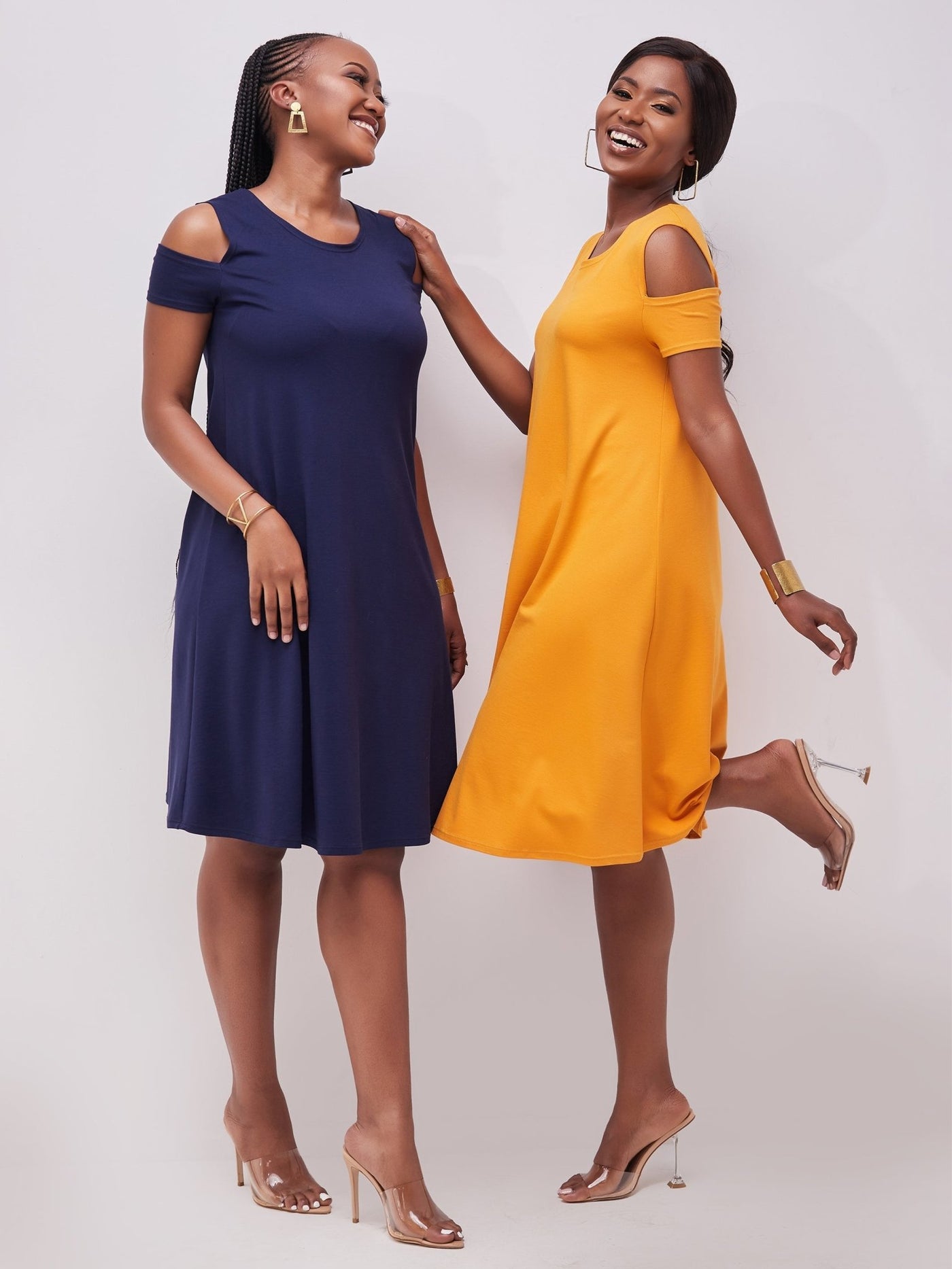 Vivo Lamu Knee Length Cold Shoulder Dress - Mustard - Shopzetu