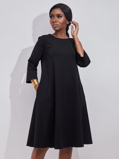 Vivo Basic 3/4 Sleeve Kena Tent Knee Length Dress - Black - Shopzetu