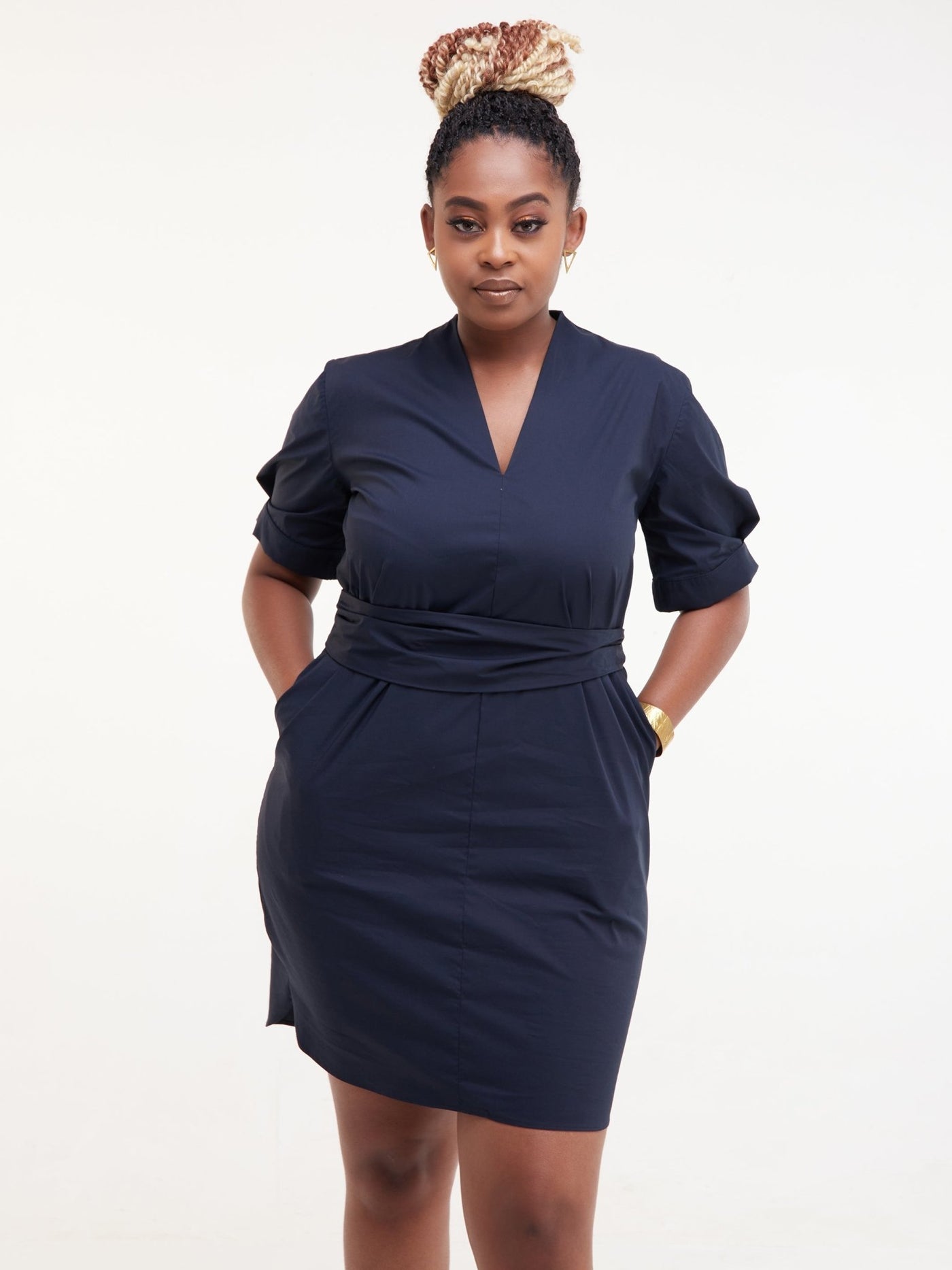 Safari Huru Short Sleeved Shirt Dress - Navy Blue - Shopzetu