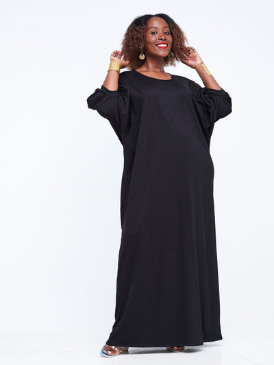 Vivo Wingu Puff Sleeve Maxi Dress - Black - Shopzetu