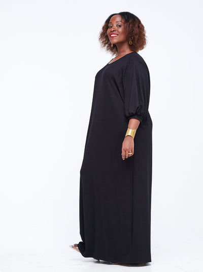 Vivo Wingu Puff Sleeve Maxi Dress - Black - Shopzetu