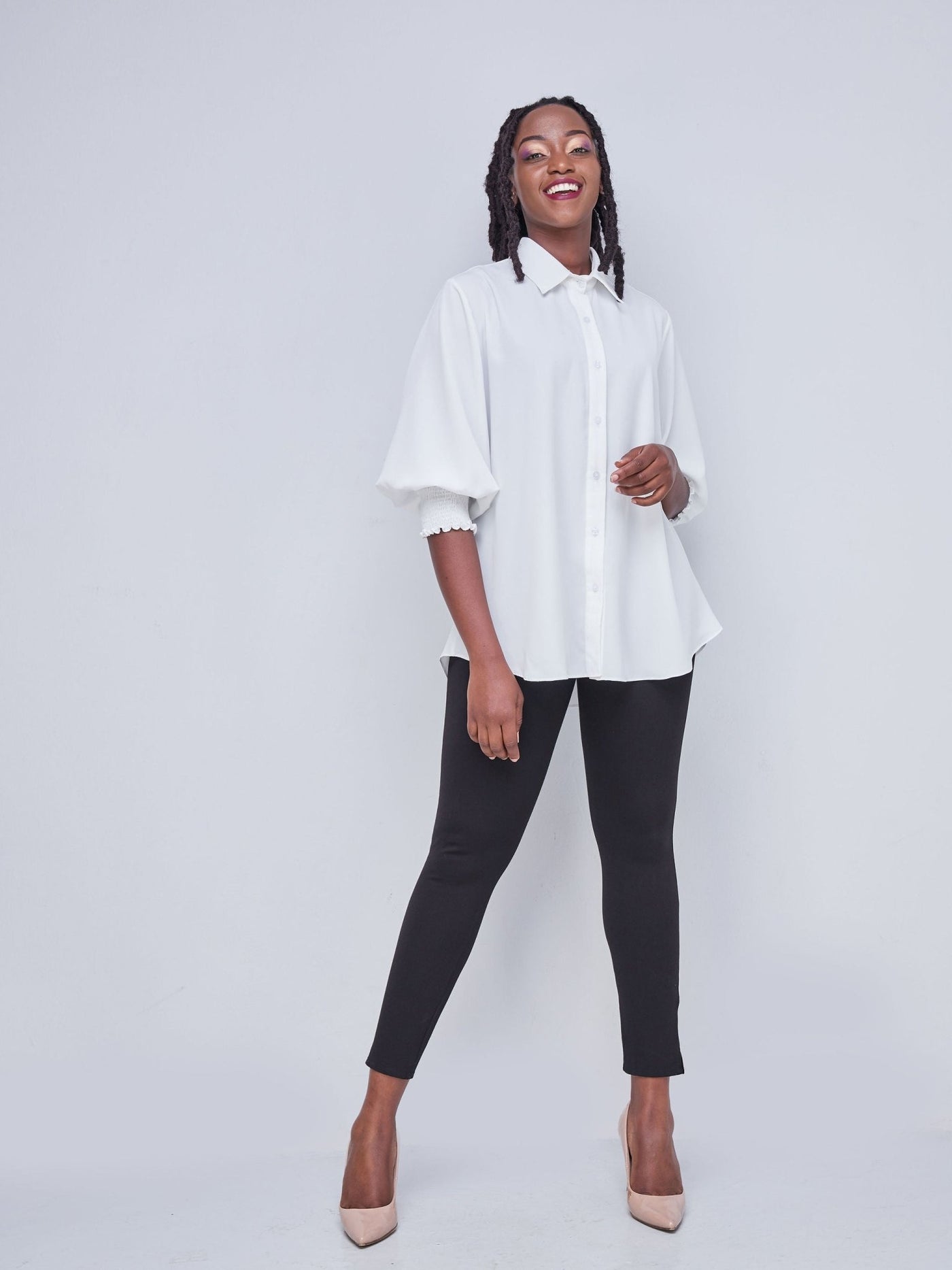 Vivo Fahari 3/4 Sleeve Shirred Shirt - White - Shopzetu