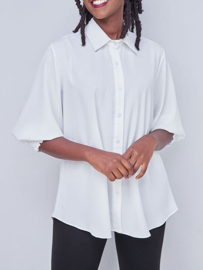 Vivo Fahari 3/4 Sleeve Shirred Shirt - White - Shopzetu