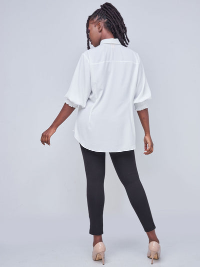 Vivo Fahari 3/4 Sleeve Shirred Shirt - White - Shopzetu