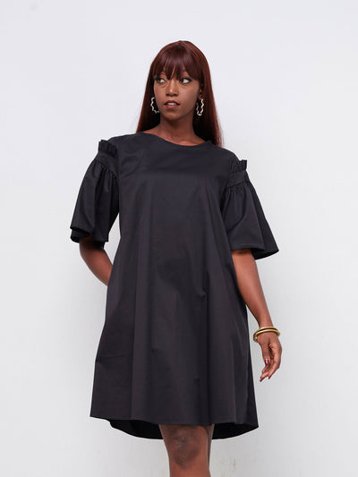 Safari Mali Gathered Flounce Sleeve Tent Dress - Black - Shopzetu