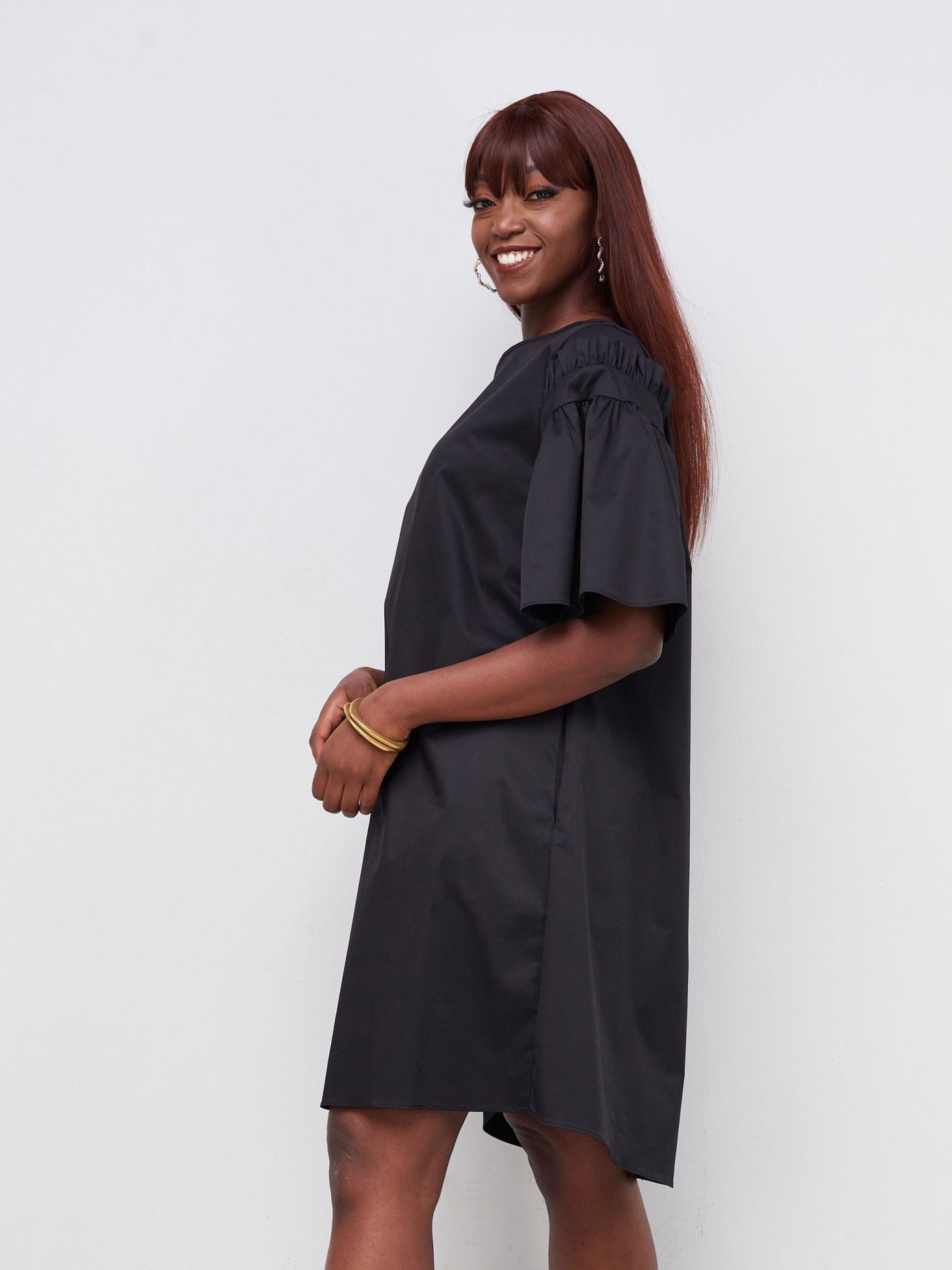 Safari Mali Gathered Flounce Sleeve Tent Dress - Black - Shopzetu