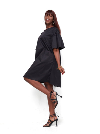 Safari Mali Gathered Flounce Sleeve Tent Dress - Black - Shopzetu