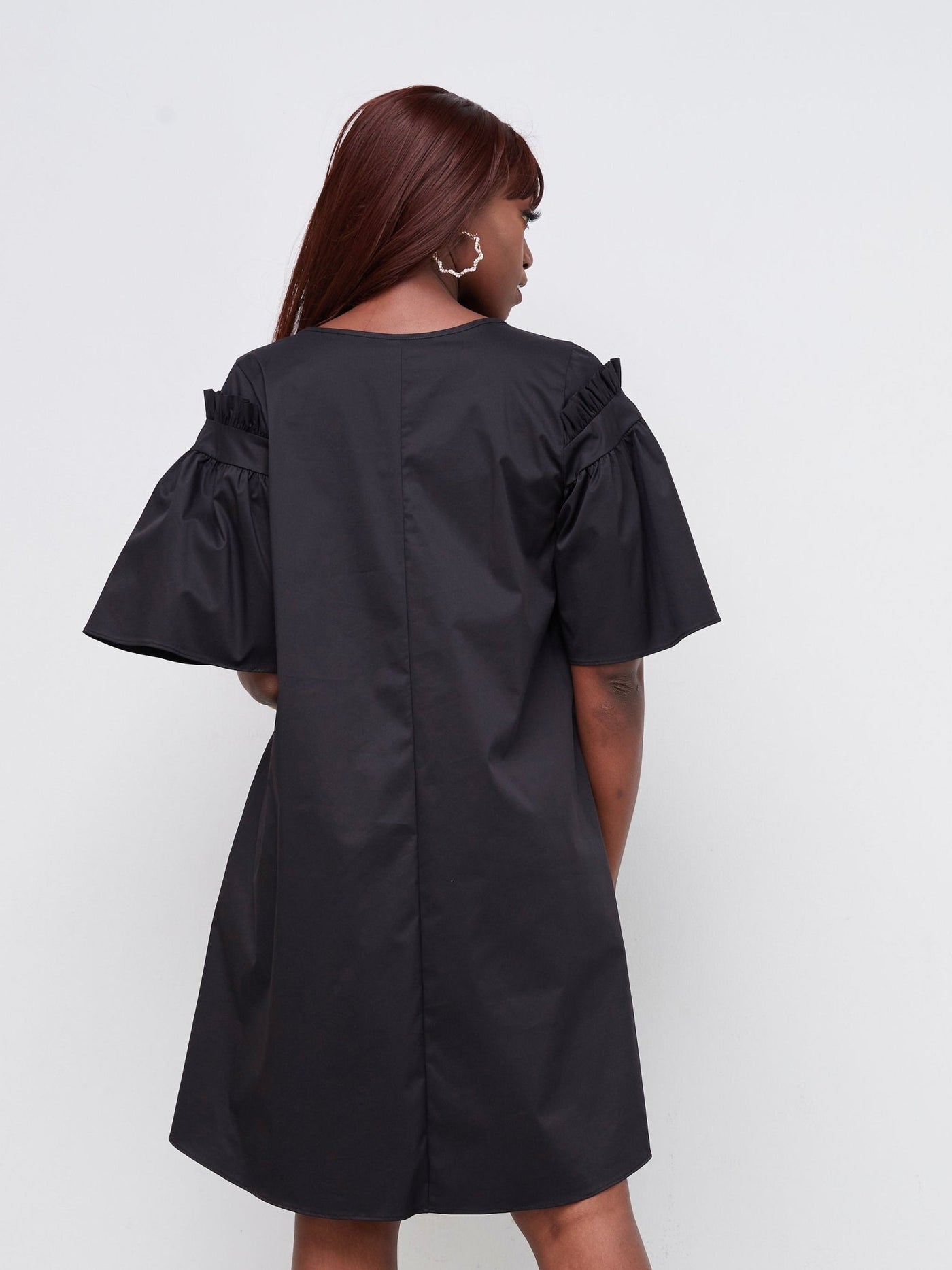 Safari Mali Gathered Flounce Sleeve Tent Dress - Black - Shopzetu