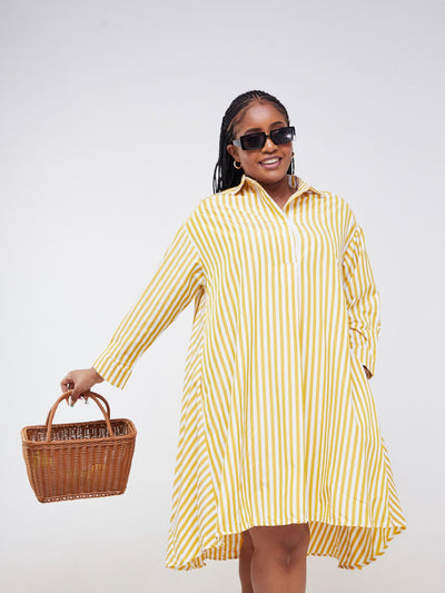 Alara Long Sleeve Striped Midi Shirt Dress - Yellow - Shopzetu