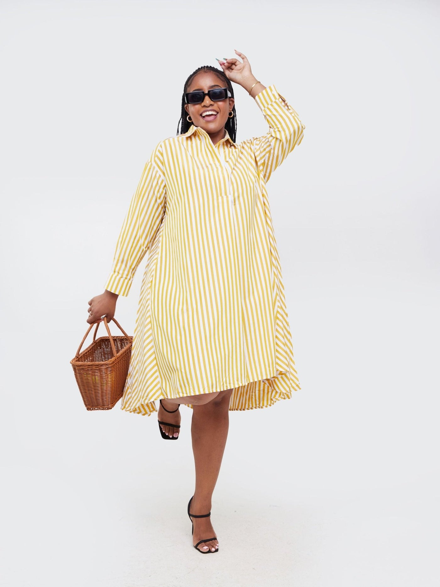 Alara Long Sleeve Striped Midi Shirt Dress - Yellow - Shopzetu