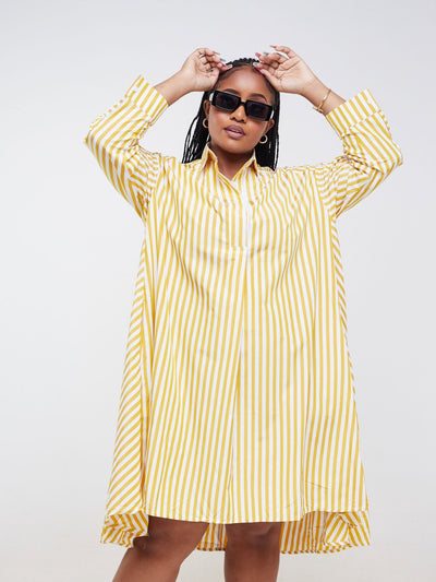 Alara Long Sleeve Striped Midi Shirt Dress - Yellow - Shopzetu