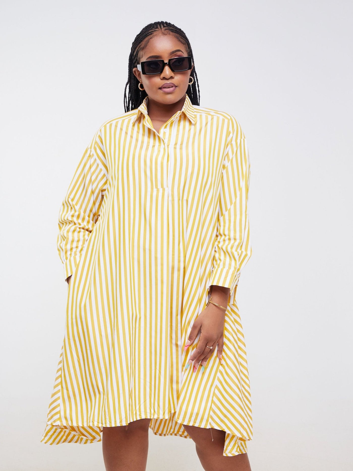 Alara Long Sleeve Striped Midi Shirt Dress - Yellow - Shopzetu