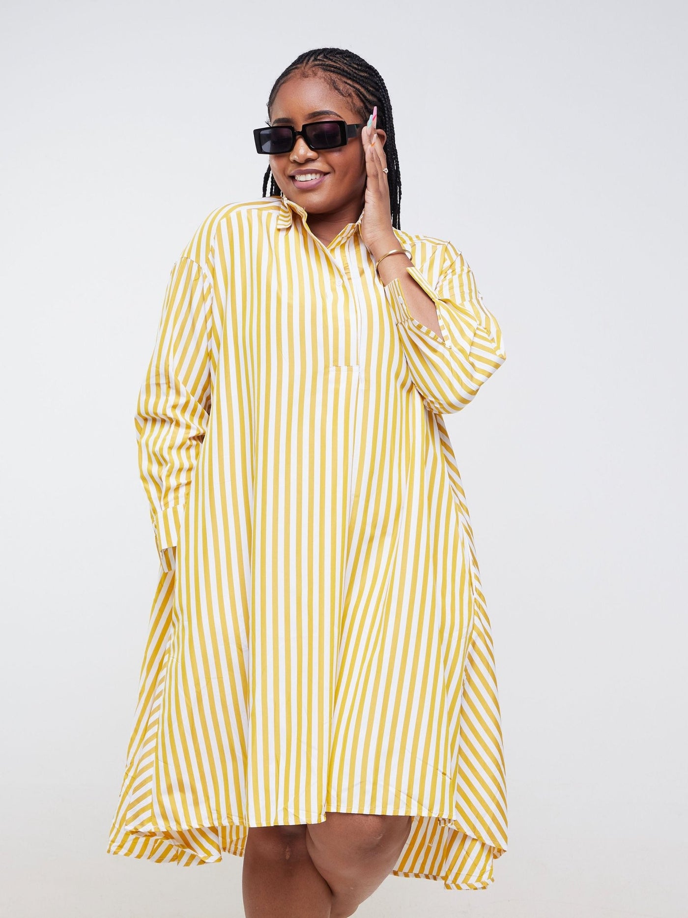 Alara Long Sleeve Striped Midi Shirt Dress - Yellow - Shopzetu