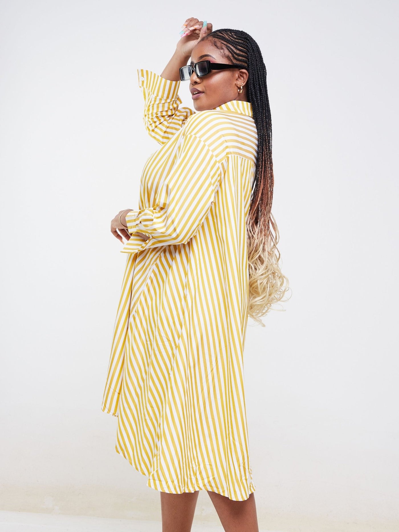 Alara Long Sleeve Striped Midi Shirt Dress - Yellow - Shopzetu