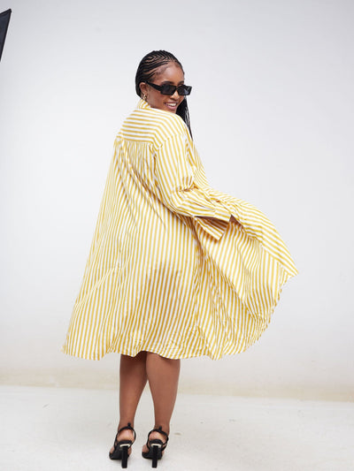 Alara Long Sleeve Striped Midi Shirt Dress - Yellow - Shopzetu