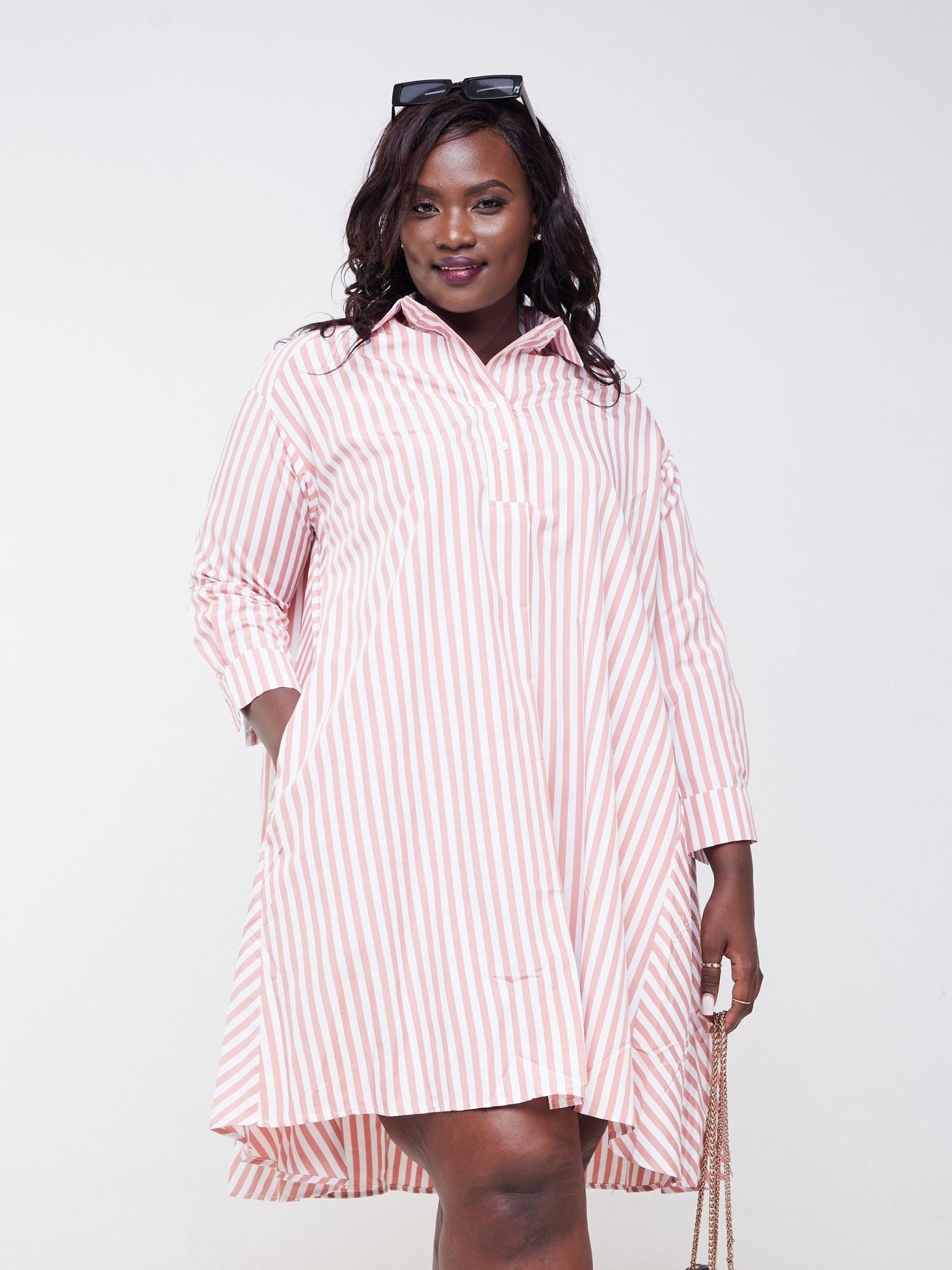 Alara Long Sleeve Striped Midi Shirt Dress - Copper - Shopzetu