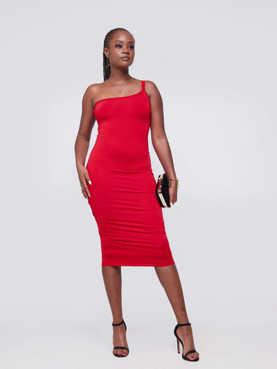 Zoya Party Strappy One Shoulder Midi Dress - Red