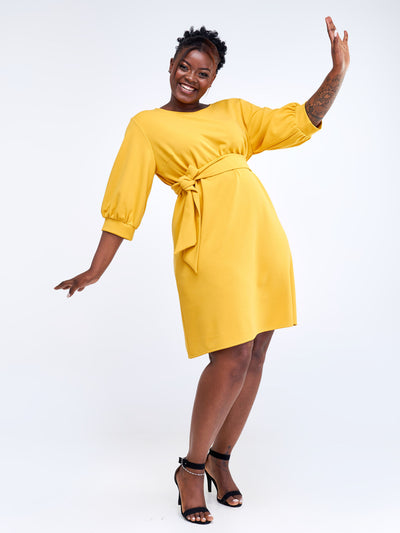 Vivo Imara 3/4 Sleeve A-Line Dress - Mustard