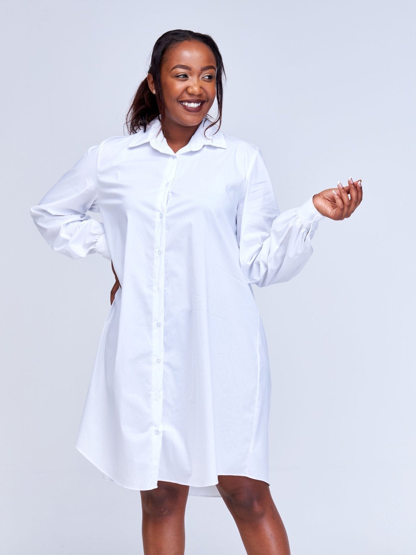 Safari Kaya Long Sleeve Shirt Dress - White - Shopzetu