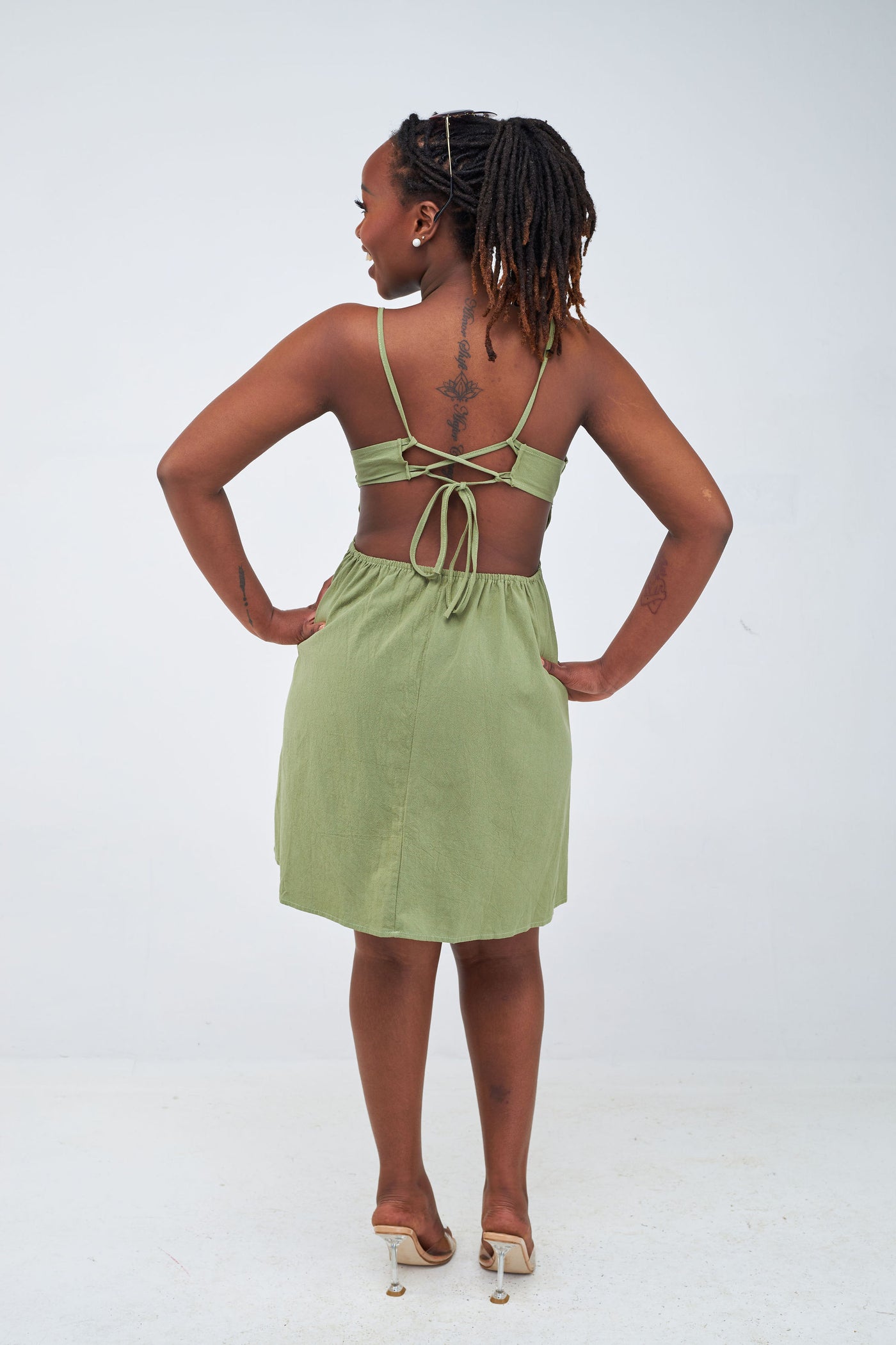 Anika Pleated Mini Dress - Olive Green
