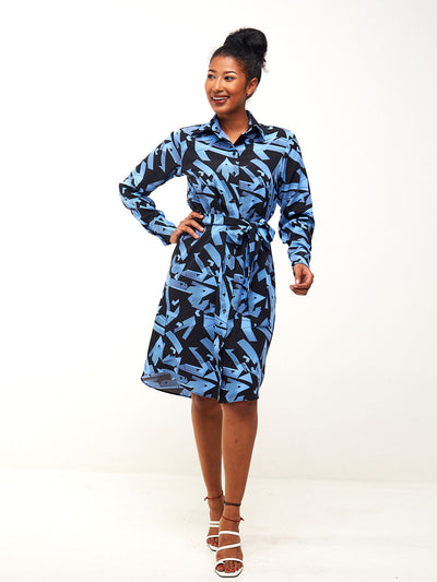 Vivo Basic Knee Length Shirt Dress - Blue / Black Geometric Print