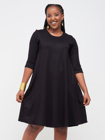 Vivo Basic Julia 3/4 Sleeve Back Pleat Knee Length Dress - Black - Shopzetu