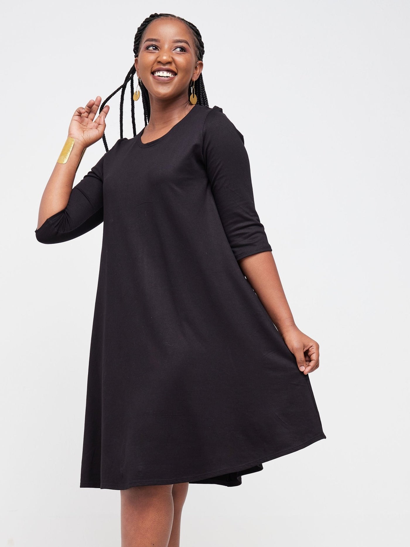 Vivo Basic Julia 3/4 Sleeve Back Pleat Knee Length Dress - Black - Shopzetu