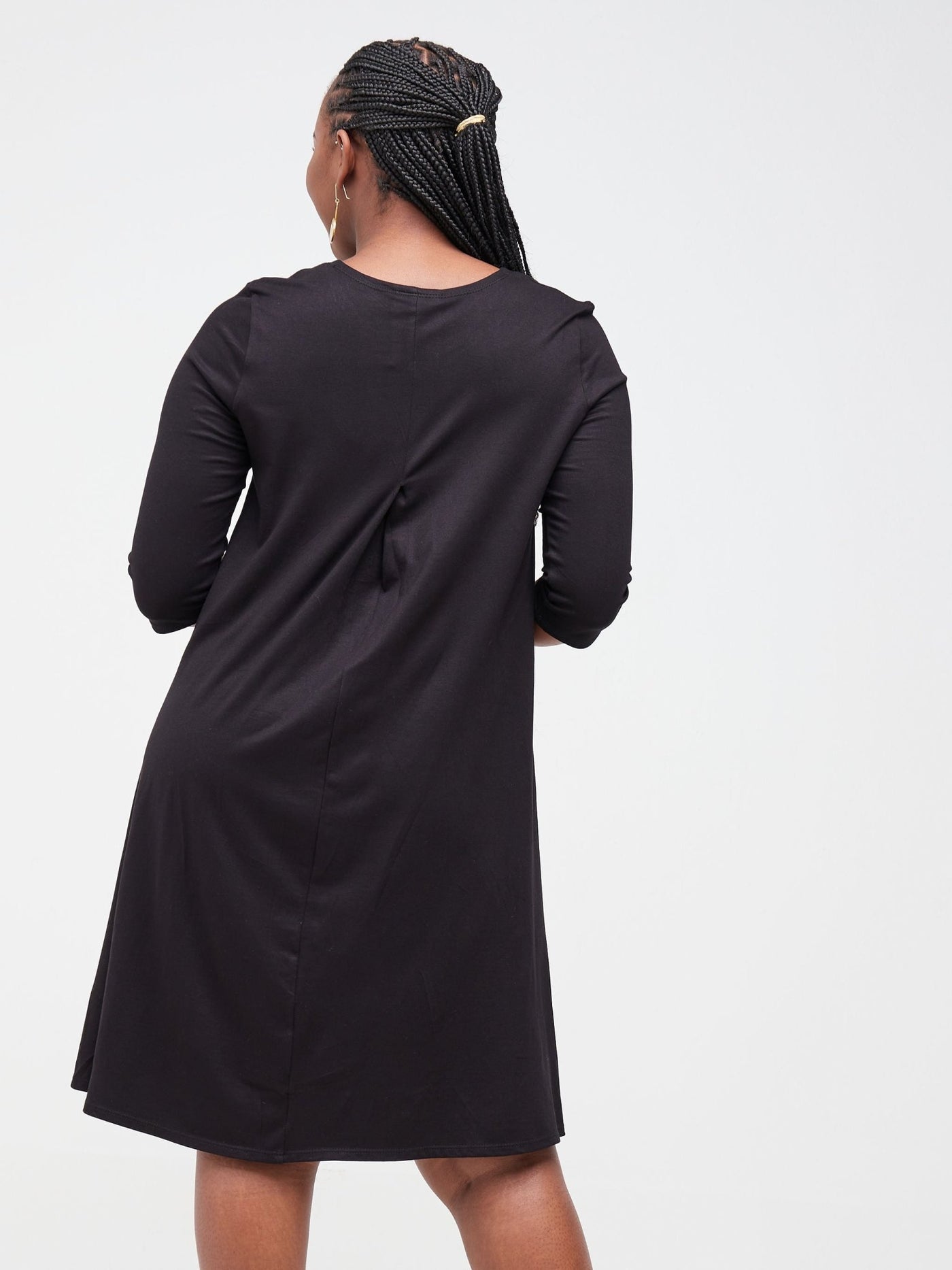 Vivo Basic Julia 3/4 Sleeve Back Pleat Knee Length Dress - Black - Shopzetu