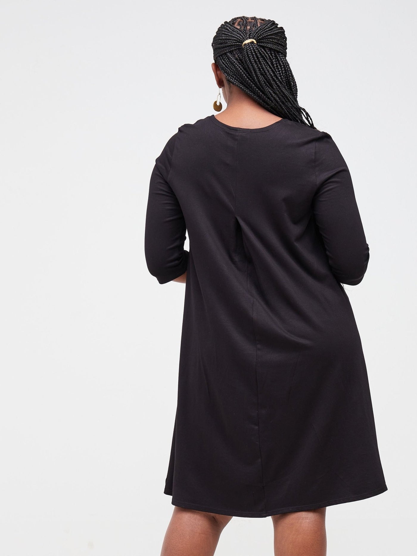 Vivo Basic Julia 3/4 Sleeve Back Pleat Knee Length Dress - Black - Shopzetu