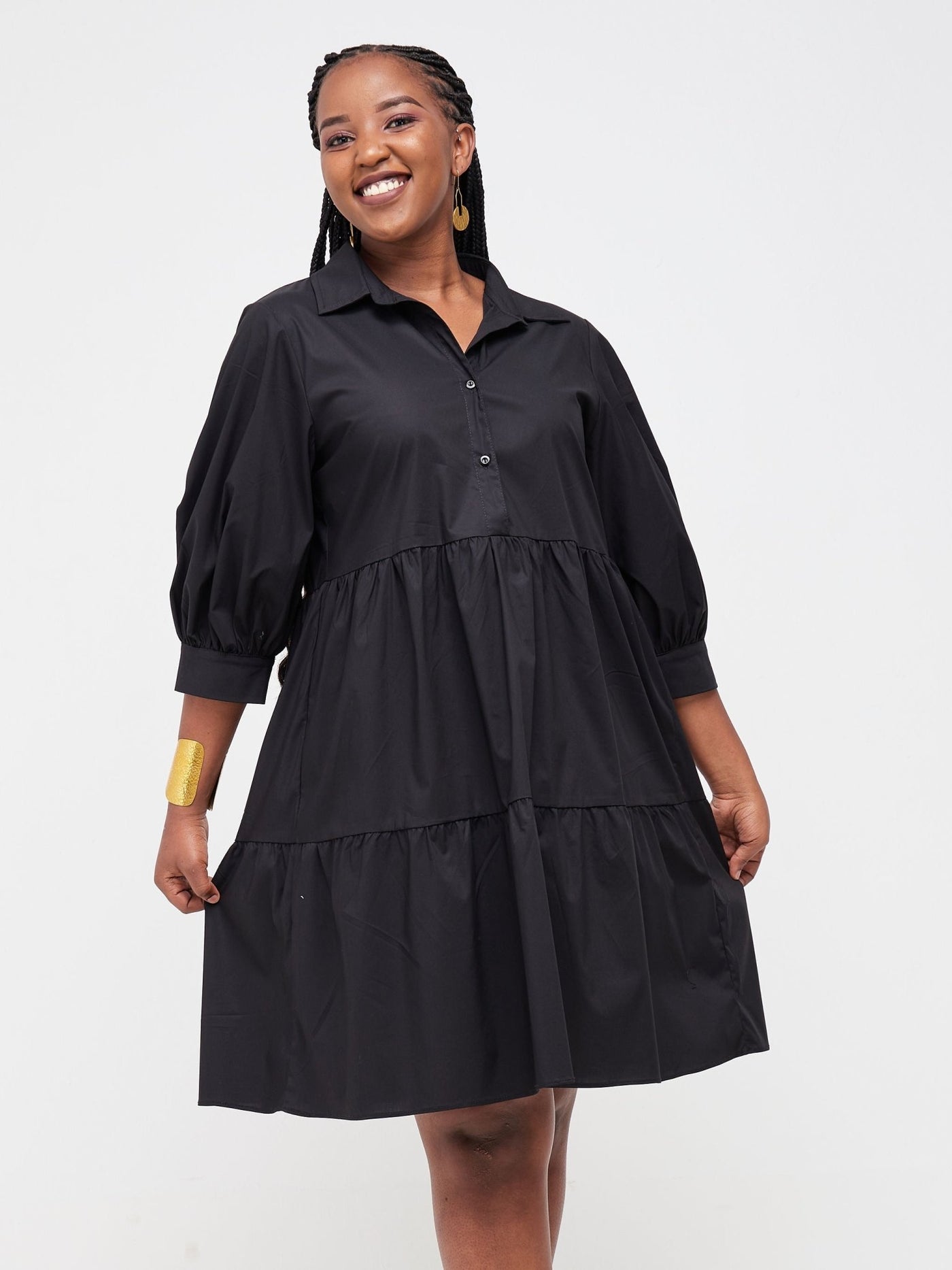 Safari Tawi Shirt Collar Bishop Sleeve Tiered Dress - Black - Shopzetu