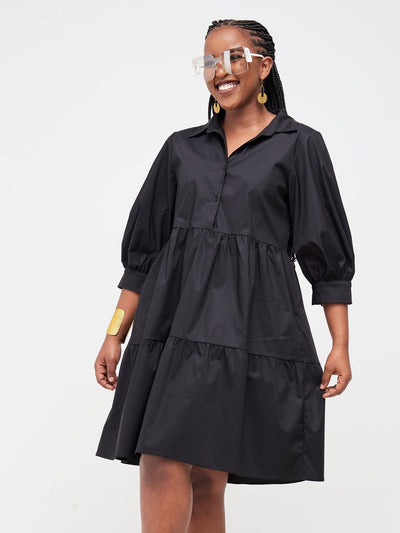 Safari Tawi Shirt Collar Bishop Sleeve Tiered Dress - Black - Shopzetu